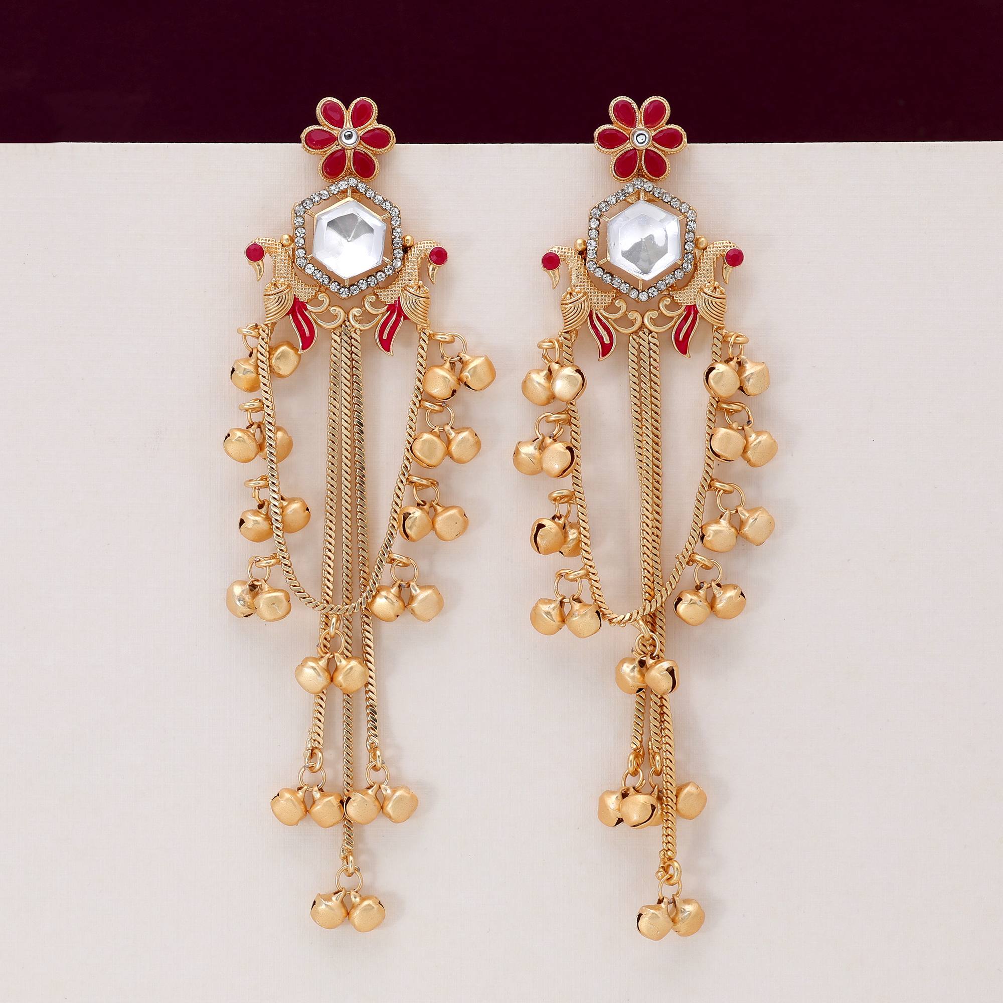 Rani Color Premium Bridal Style Long Kashmiri Earrings For Wedding Occasions
