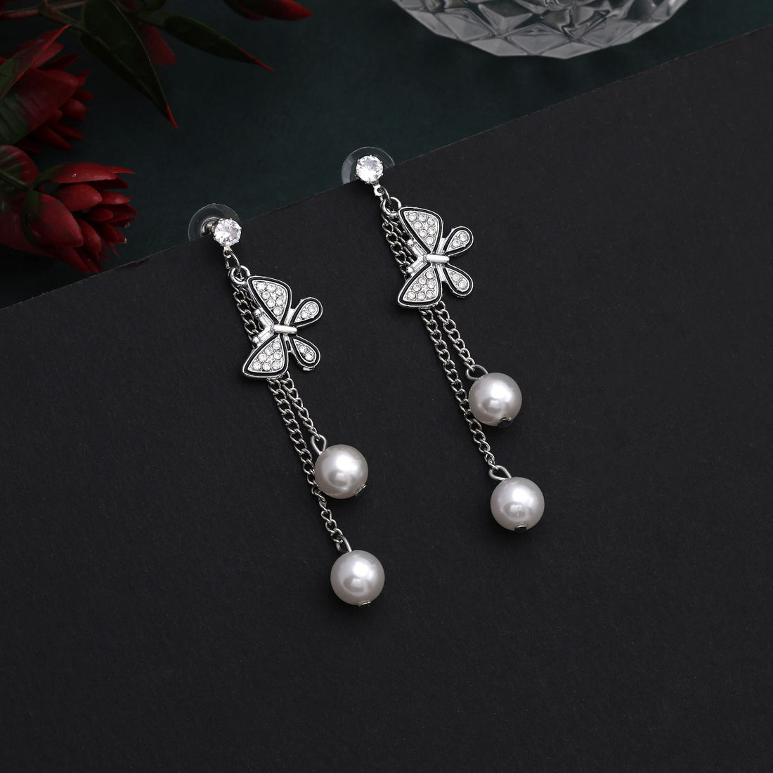 Gorgeous Silver Color Butterfly Design Anti Tarnish Earrings With Sparkling Stones