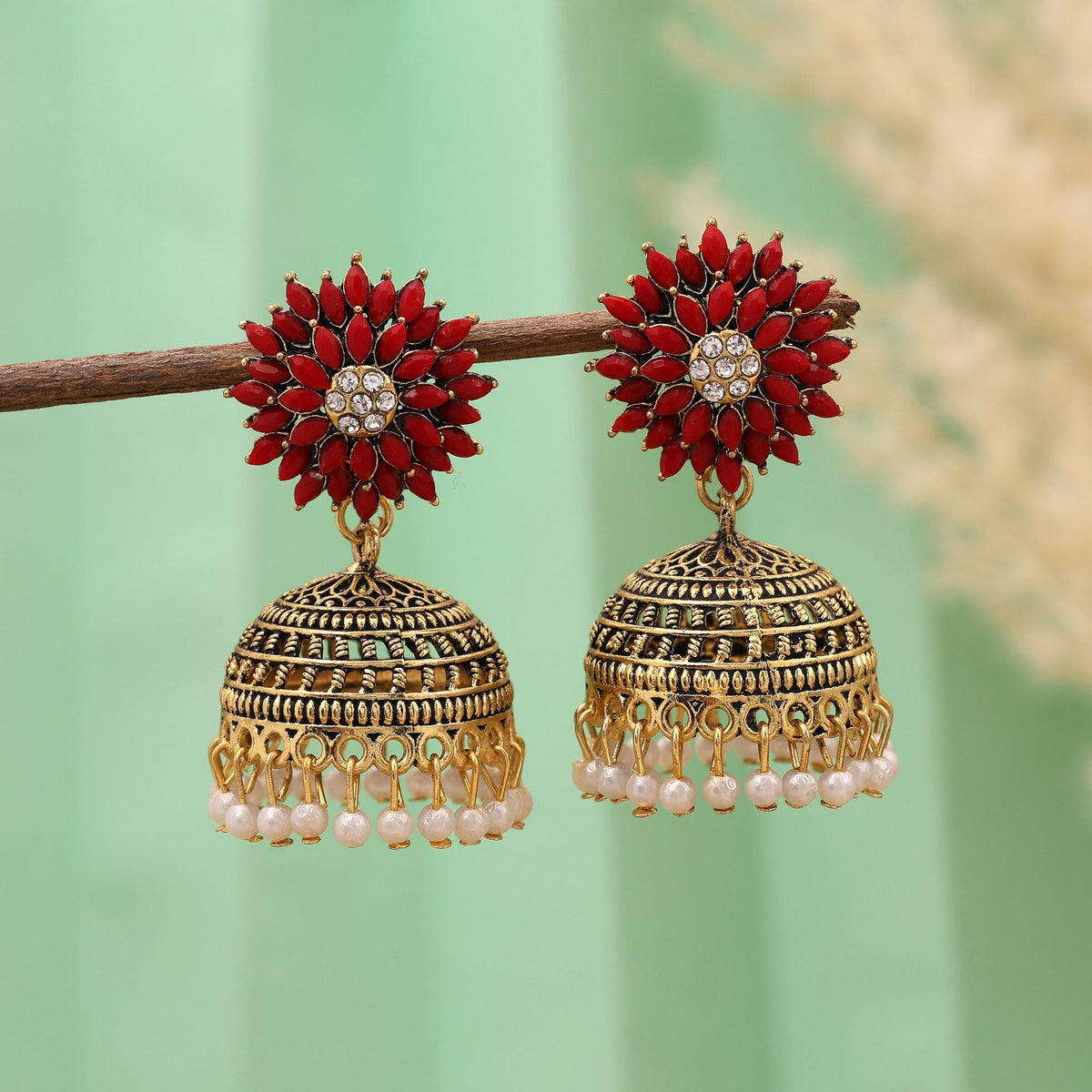 ruby blossom oxidised jhumkas