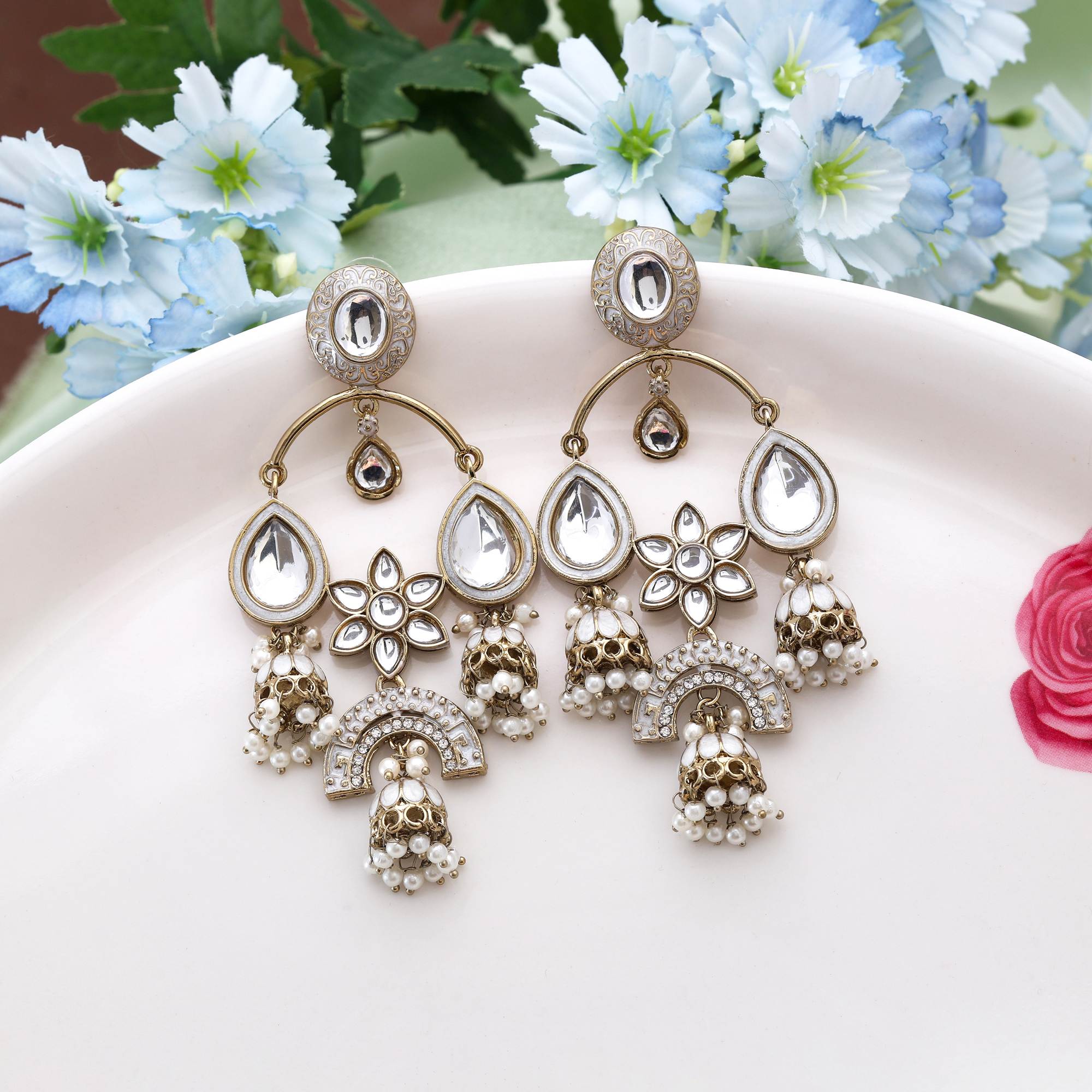White Color Kundan Earrings Featuring Elegant Pure Traditional Kundan Work For Wedding Wear