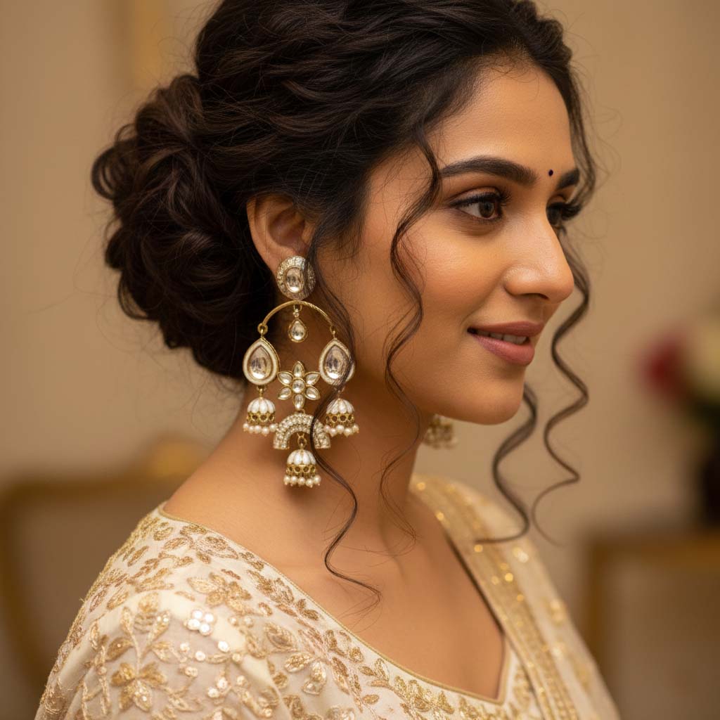 White Color Kundan Earrings Featuring Elegant Pure Traditional Kundan Work For Wedding Wear