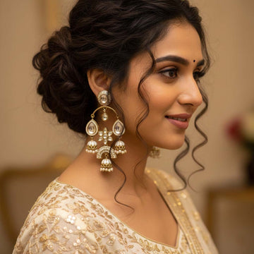 White Color Kundan Earrings Featuring Elegant Pure Traditional Kundan Work For Wedding Wear