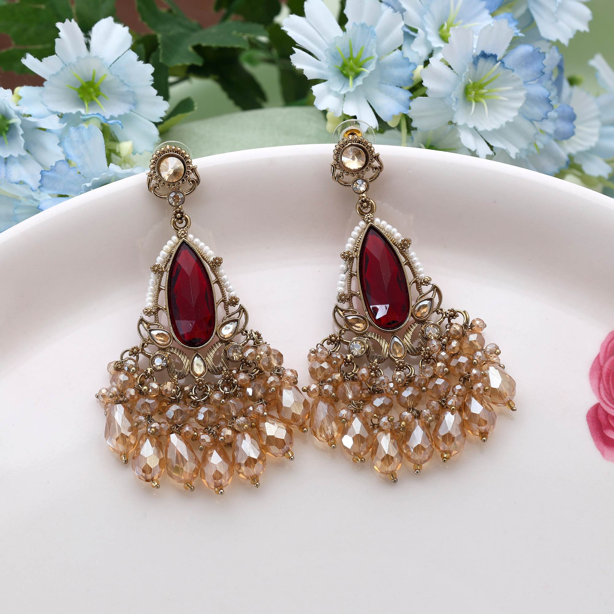 Maroon Color Kundan Earrings Featuring Traditional Handmade Design Perfect For Bridal Collections