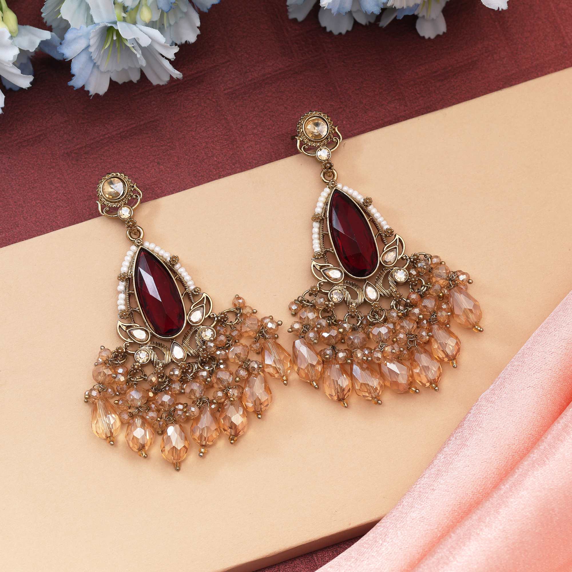 Maroon Color Kundan Earrings Featuring Traditional Handmade Design Perfect For Bridal Collections