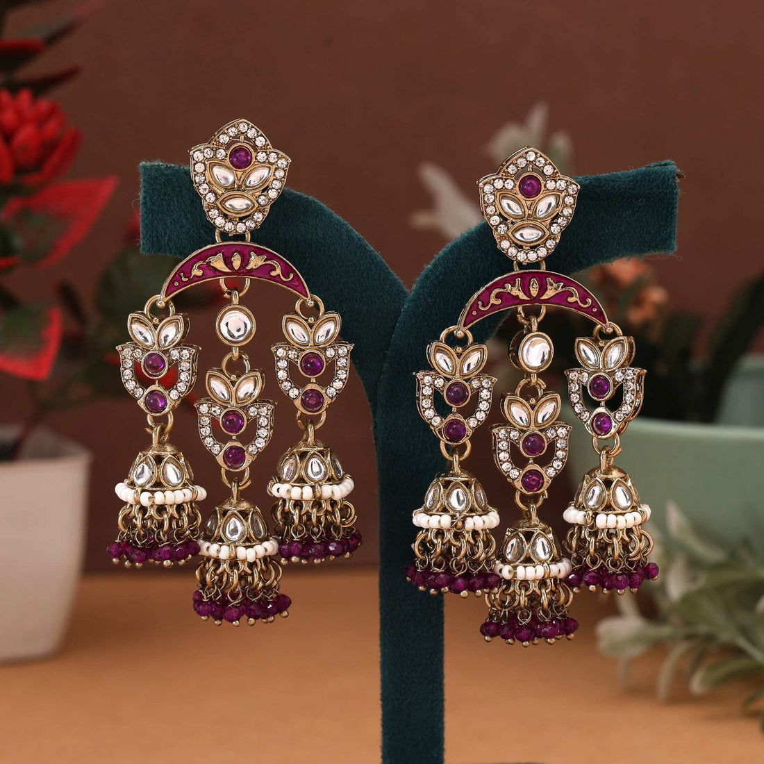 Purple Color Kundan Earrings Featuring Elegant Royal-Tone Handmade Kundan Craftwork For Women