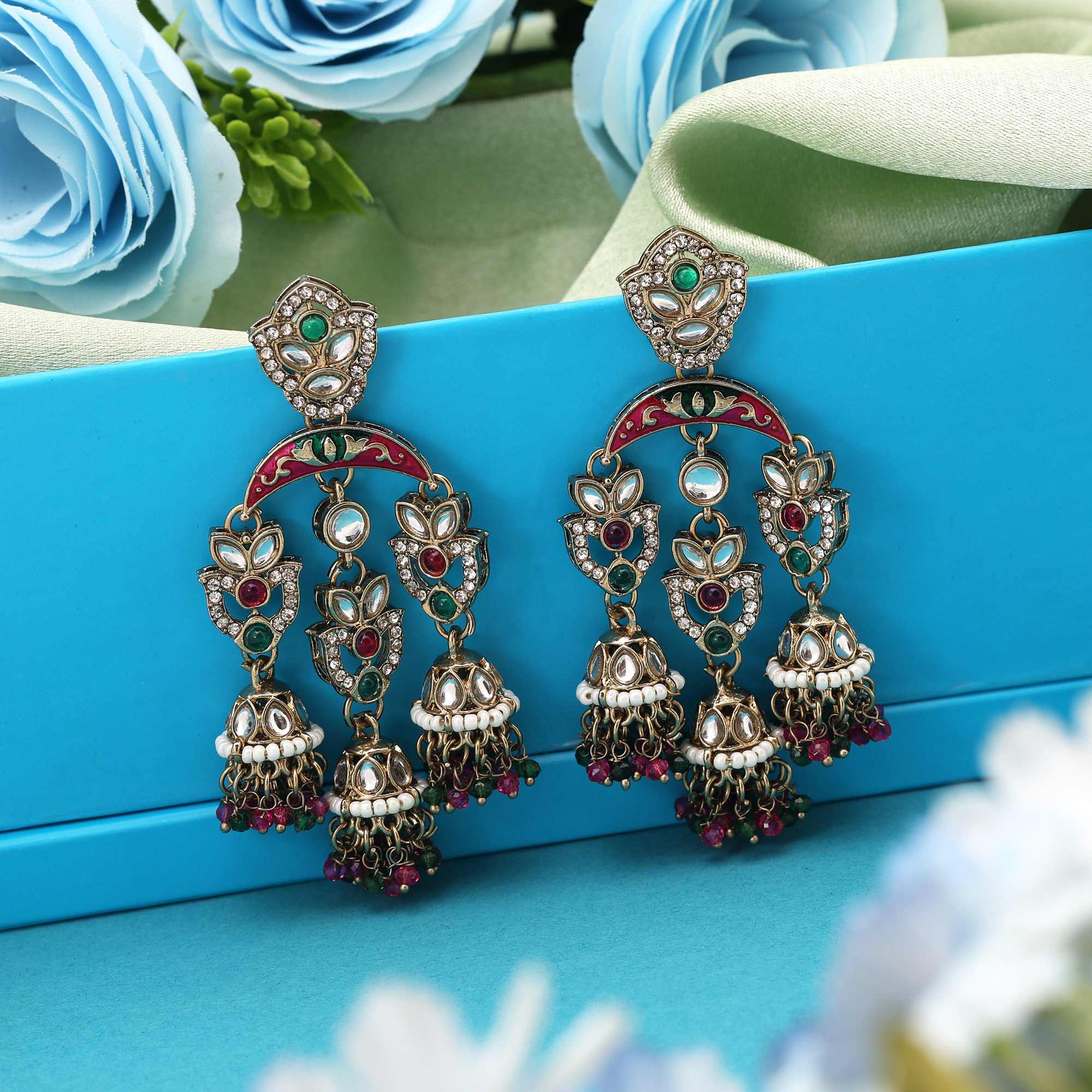 Rani & Green Color Kundan Earrings Featuring Dual-Tone Traditional Stones For Party Wear