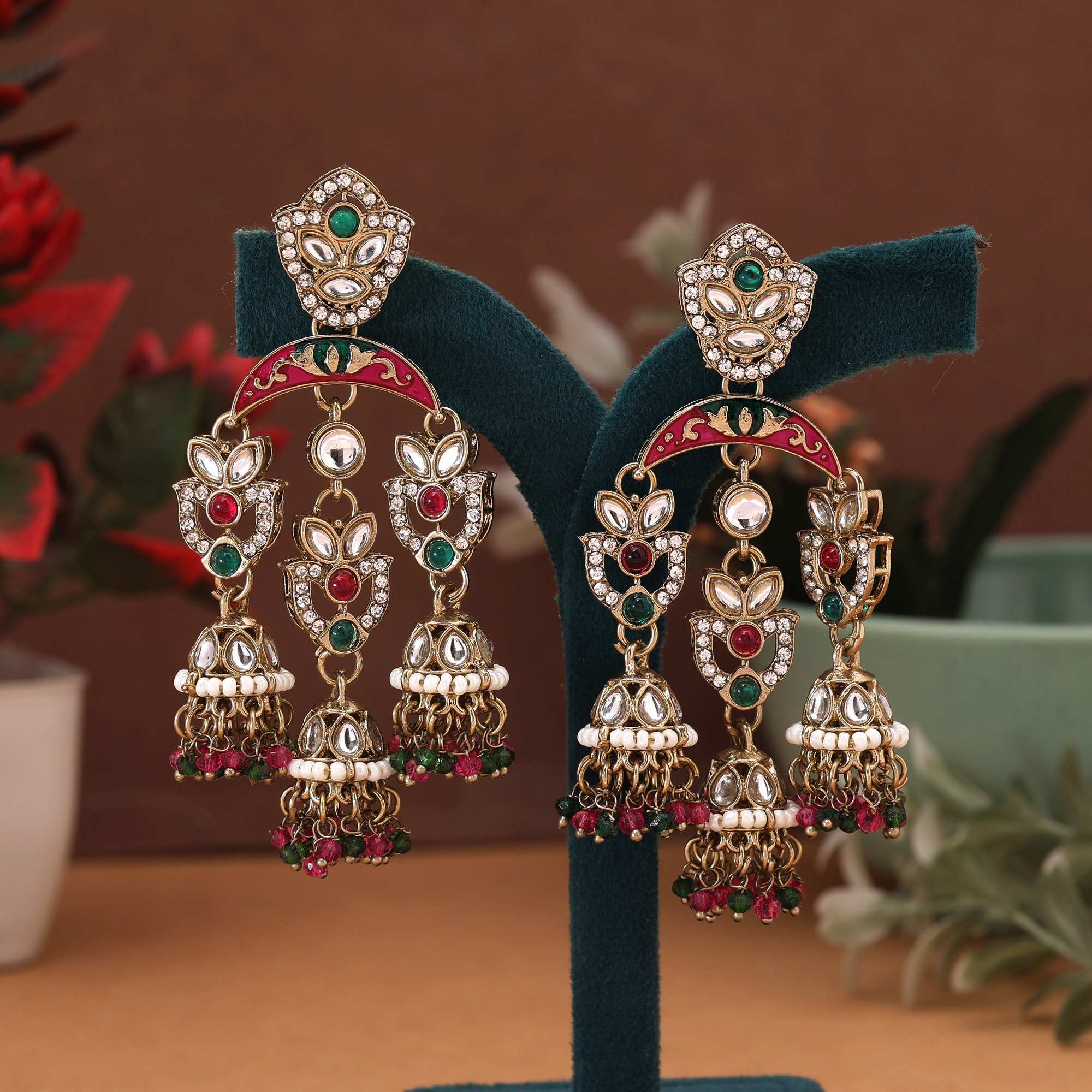 Rani & Green Color Kundan Earrings Featuring Dual-Tone Traditional Stones For Party Wear