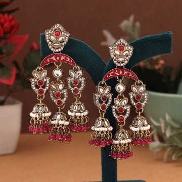 Rani Color Kundan Earrings Designed With Beautiful Bright Stones For Festive Occasions