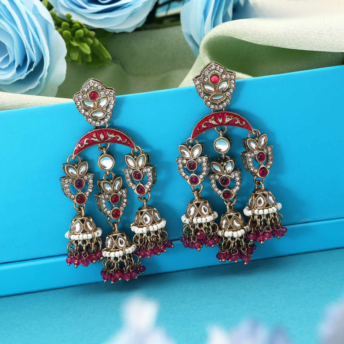 Rani Color Kundan Earrings Designed With Beautiful Bright Stones For Festive Occasions