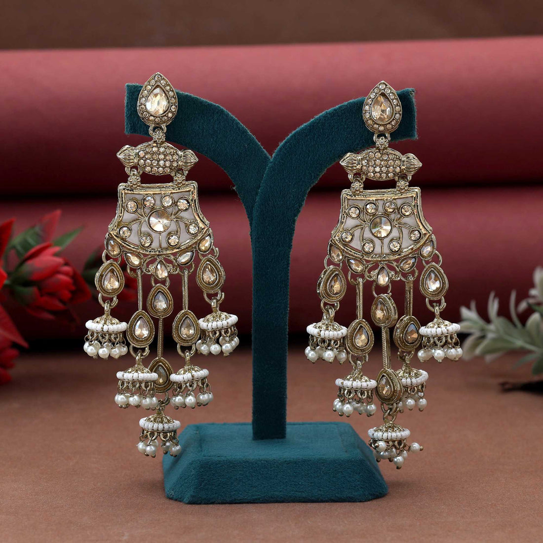Gold Color Kundan Earrings Designed With Elegant Ethnic Shine Perfect For Wedding Outfits