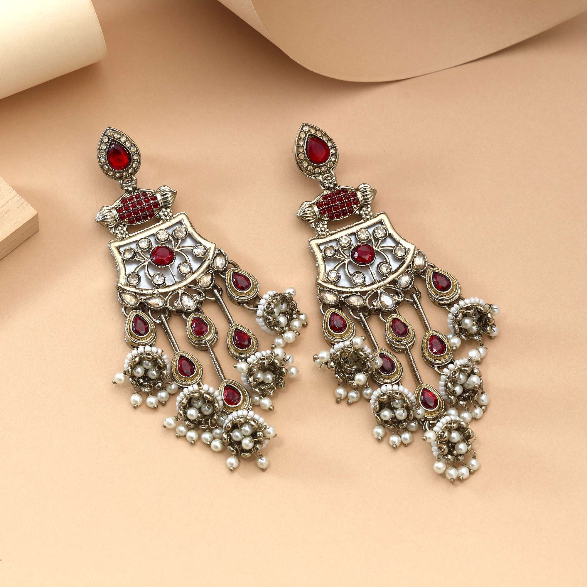 Rani Color Kundan Earrings Featuring Beautiful Bright Traditional Stones For Bridal Looks