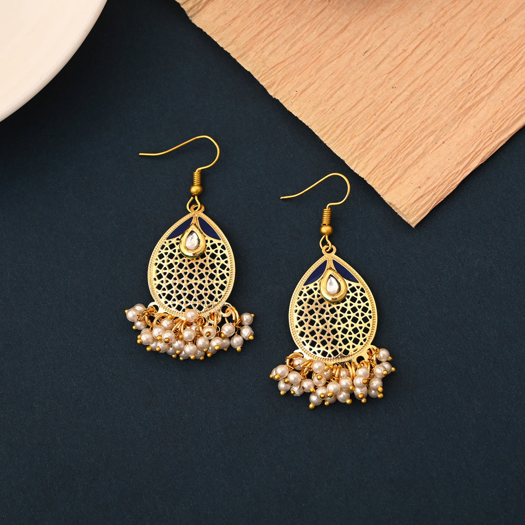 Gold Finish Lattice Earrings with Pearls