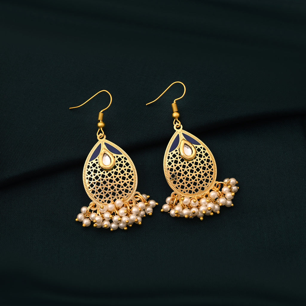 Gold Finish Lattice Earrings with Pearls