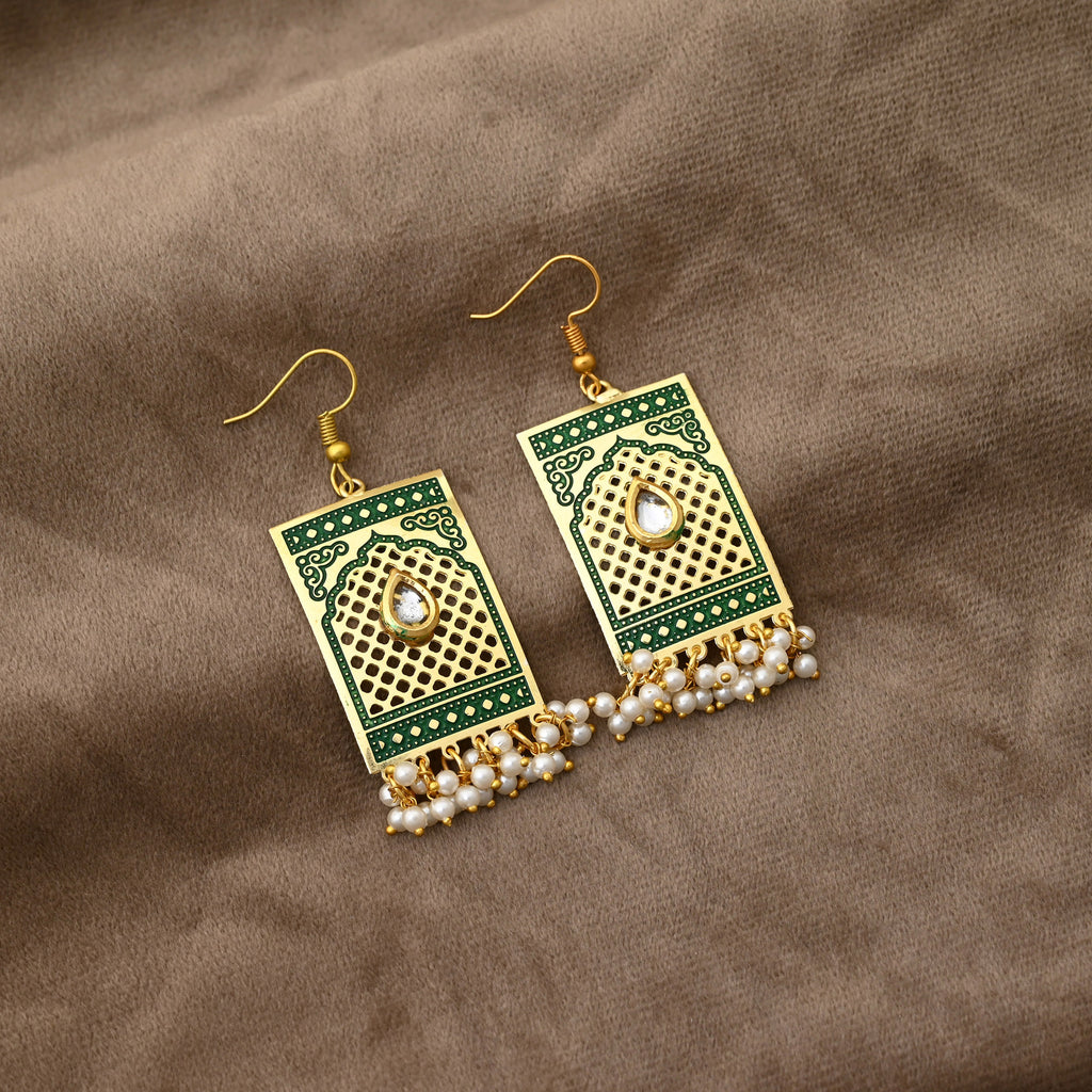 Green Enamel Kundan Pearl Drop Earrings