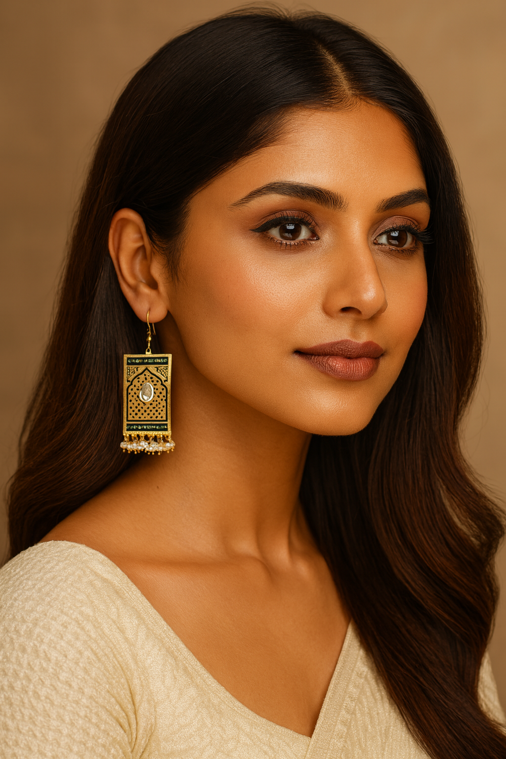 Green Enamel Kundan Pearl Drop Earrings