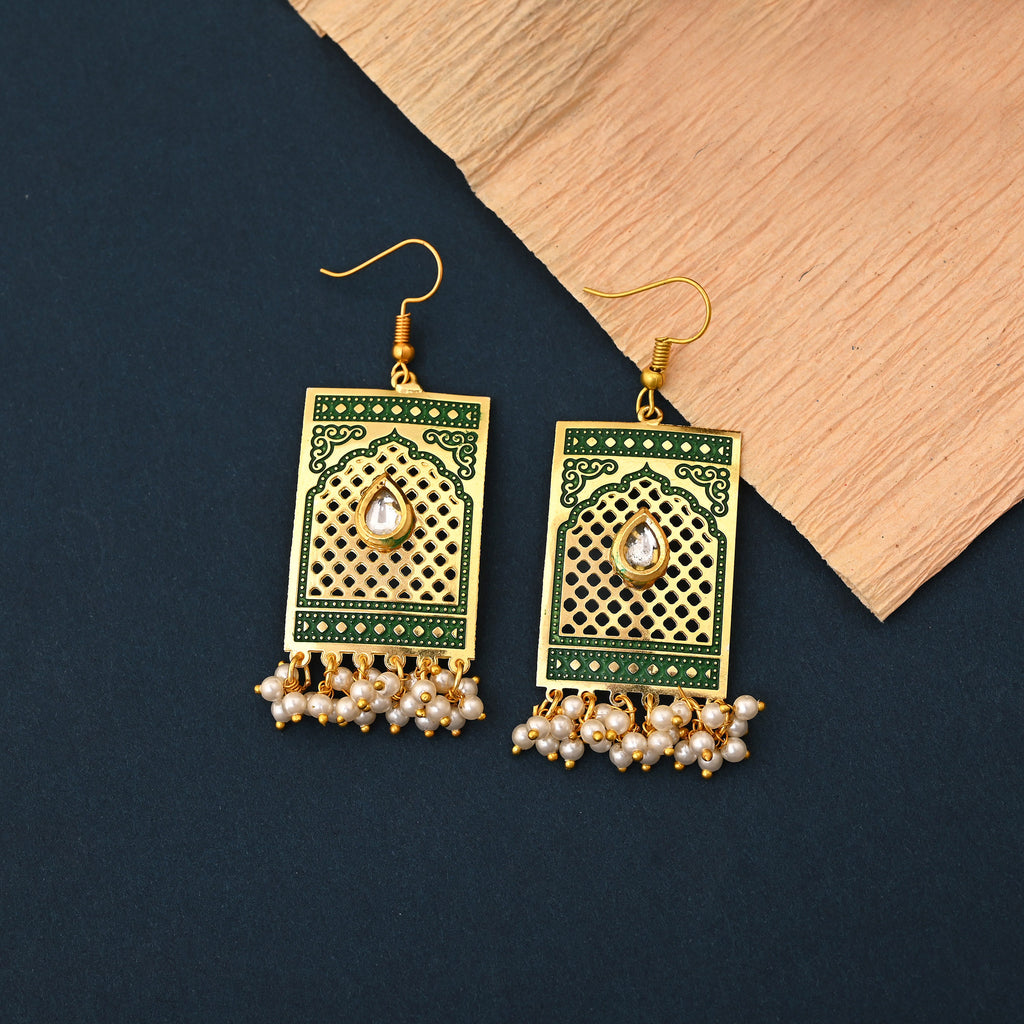 Green Enamel Kundan Pearl Drop Earrings