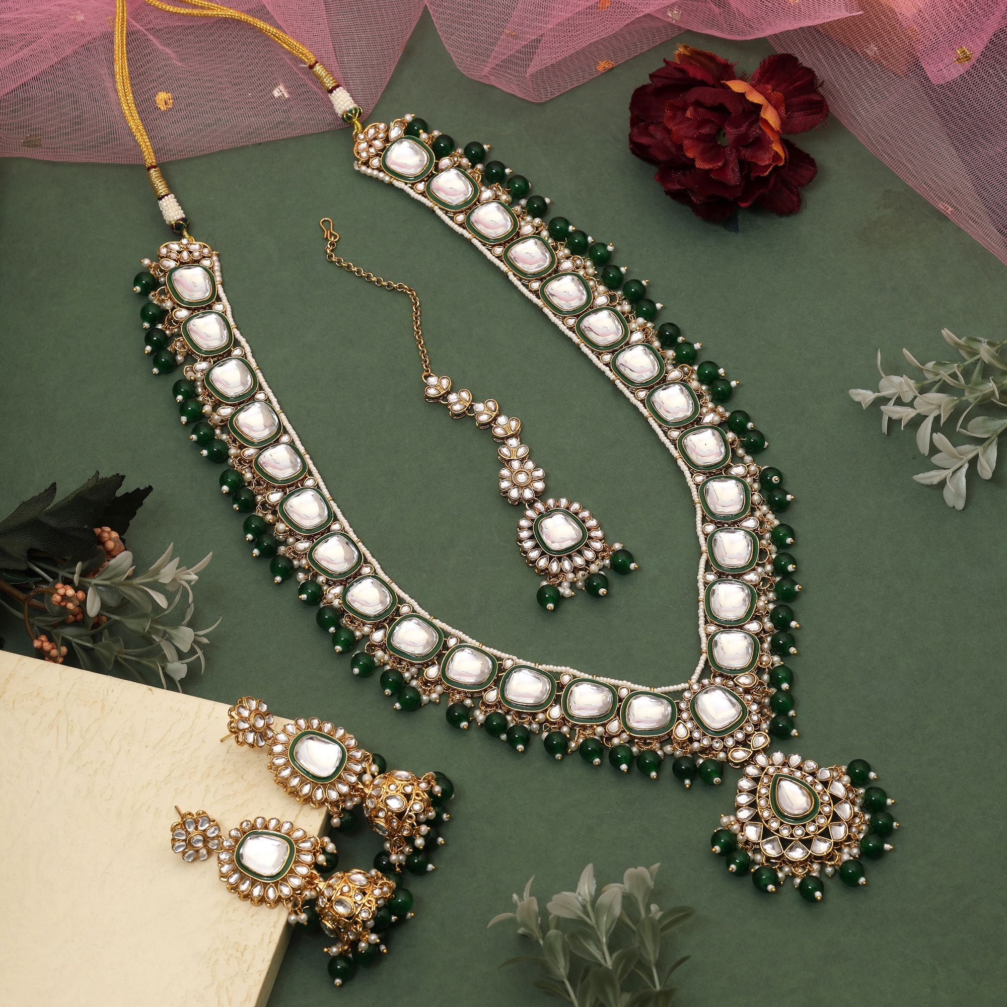 Stylish Green Color Kundan Necklace Set Designed With Premium Detailing For Party And Festival Wear
