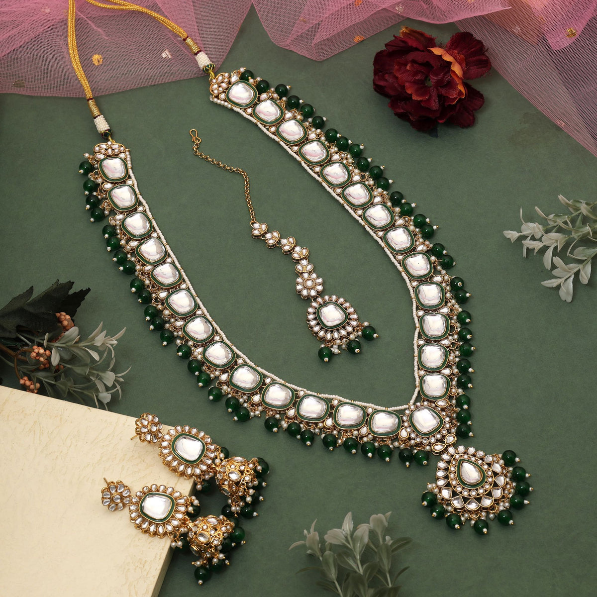 Green Kundan Necklace Set with Earrings & Maang Tikka