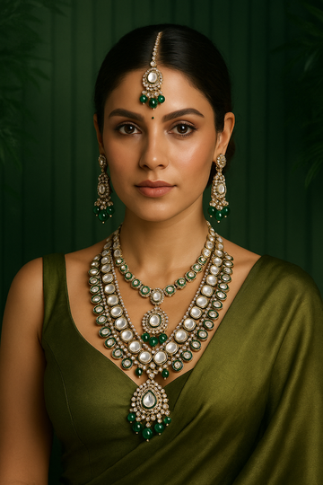 Stylish Green Color Kundan Necklace Set Designed With Premium Detailing For Party And Festival Wear