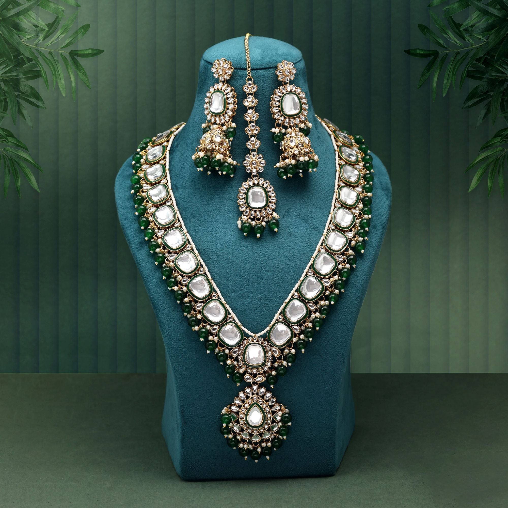 Stylish Green Color Kundan Necklace Set Designed With Premium Detailing For Party And Festival Wear