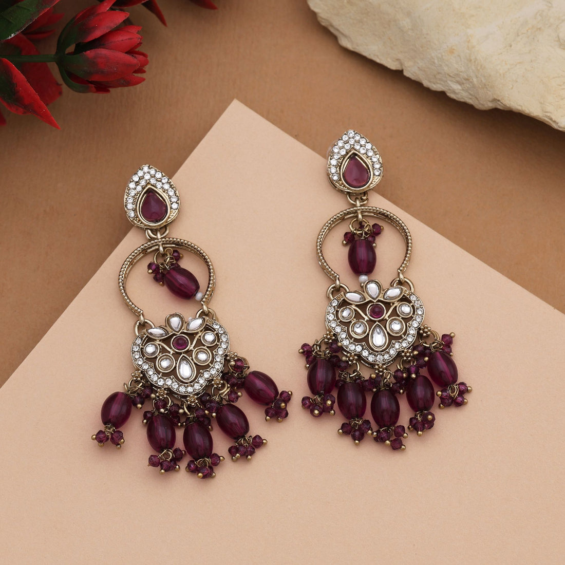 Stunning Purple Color Kundan Earrings With Fine Details Perfect For Indian Brides