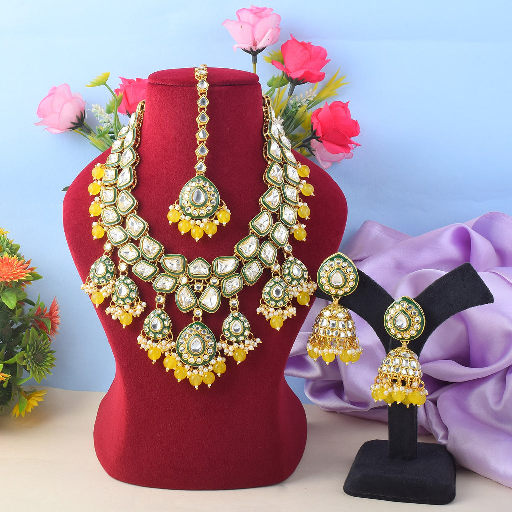 Haldi Special Kundan Necklace with Earrings & Tikka