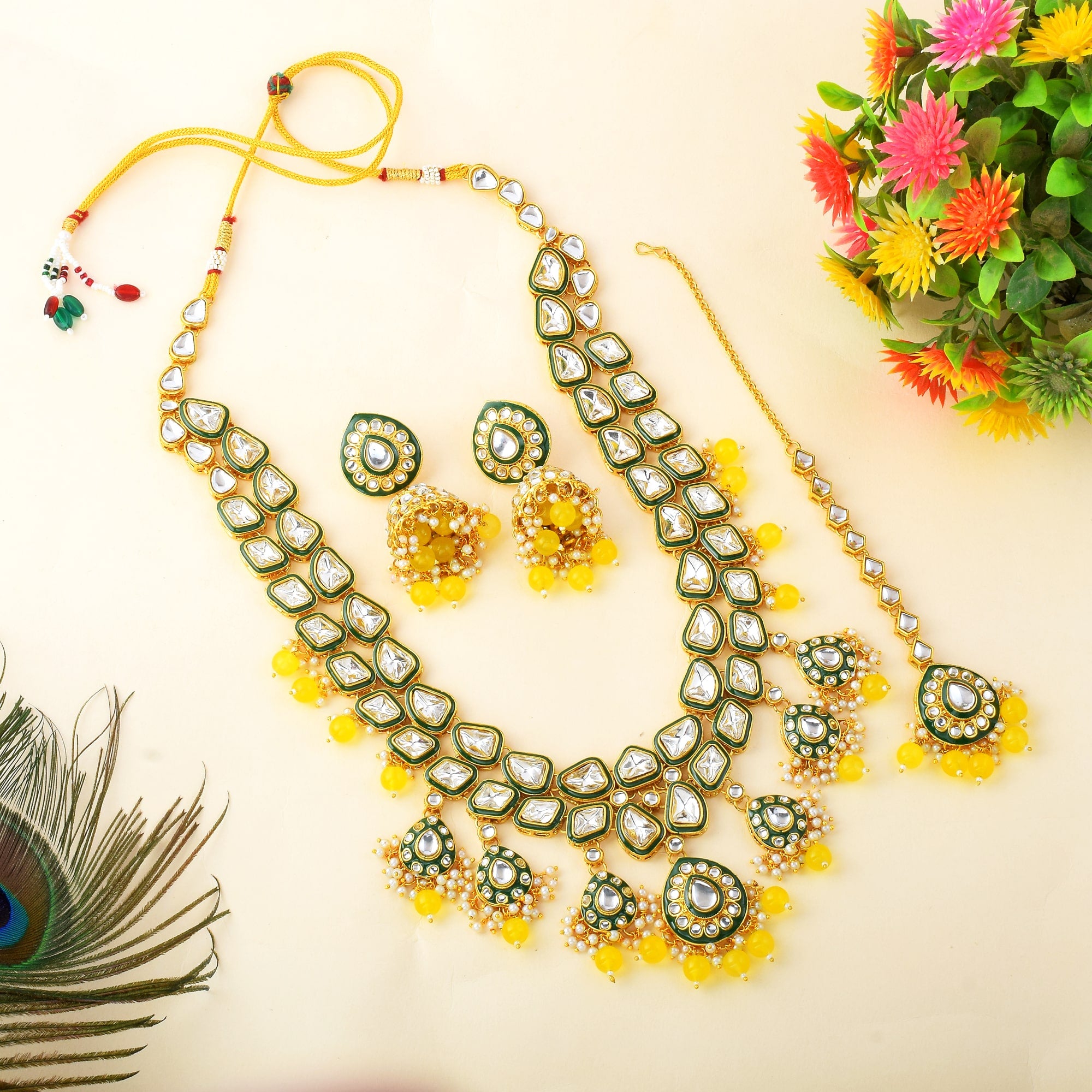 Vibrant Yellow Color Kundan Necklace Set For Cultural Functions