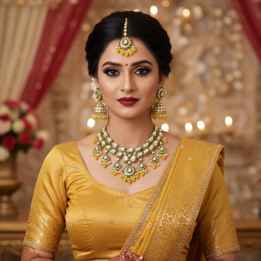 Vibrant Yellow Color Kundan Necklace Set For Cultural Functions