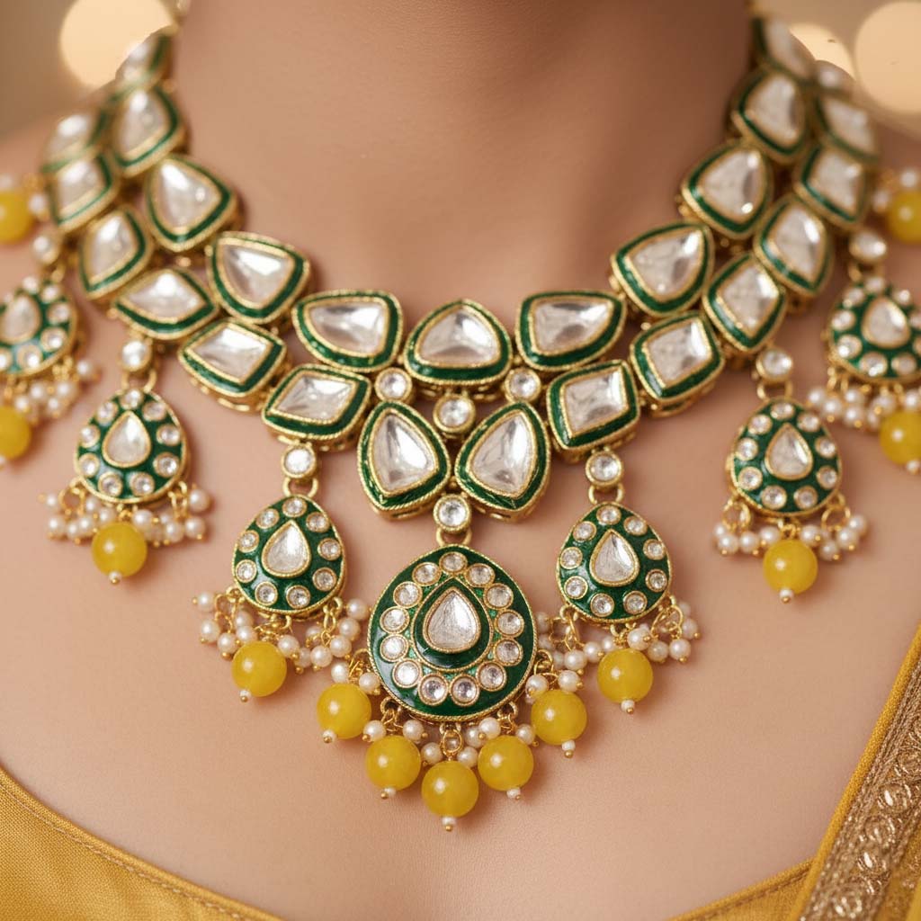 Vibrant Yellow Color Kundan Necklace Set For Cultural Functions