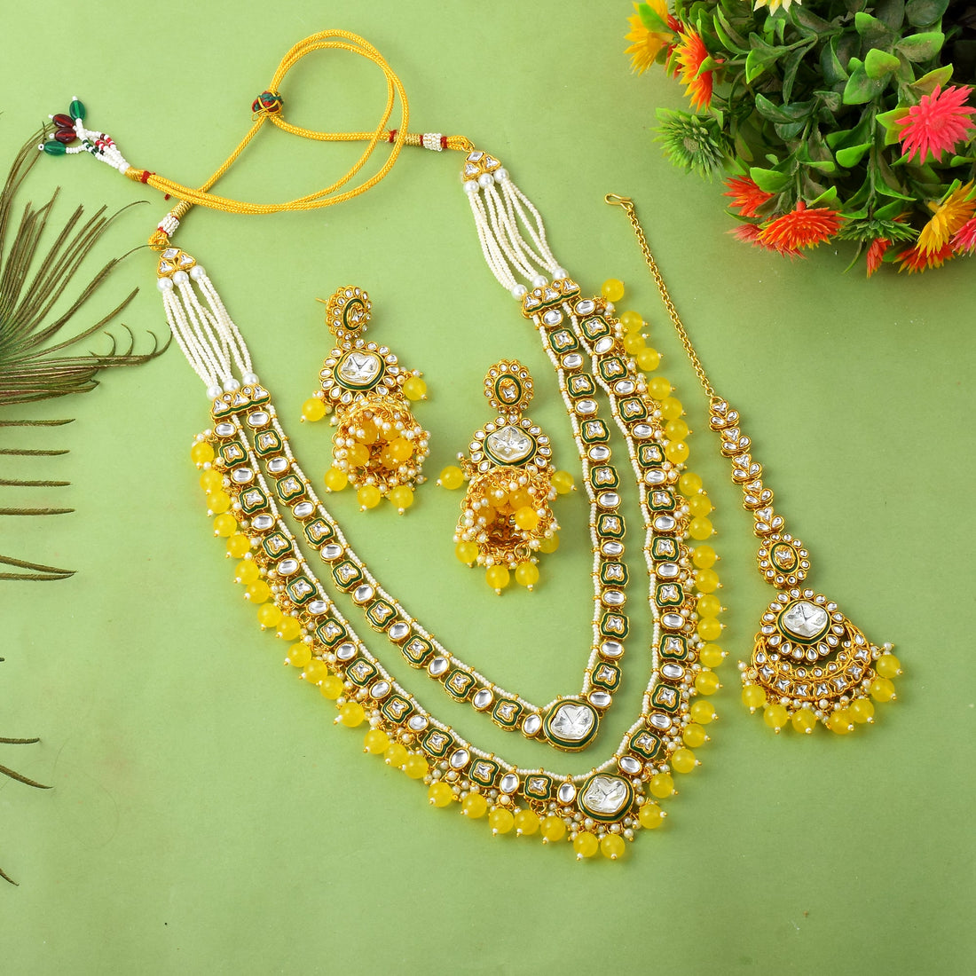 Bright Yellow Color Kundan Necklace Set For Traditional Daytime Celebrations