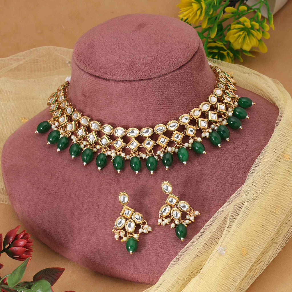 Handcrafted Green Kundan Necklace with Bead Drops