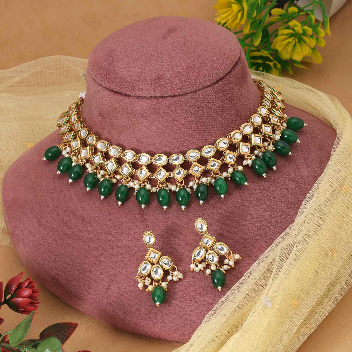 Handcrafted Green Kundan Necklace with Bead Drops