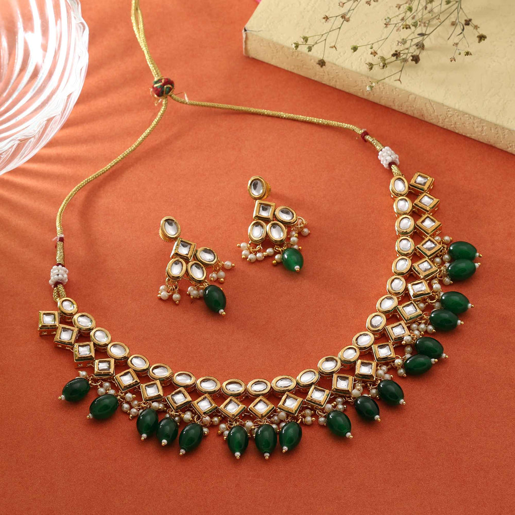 Handcrafted Green Kundan Necklace with Bead Drops