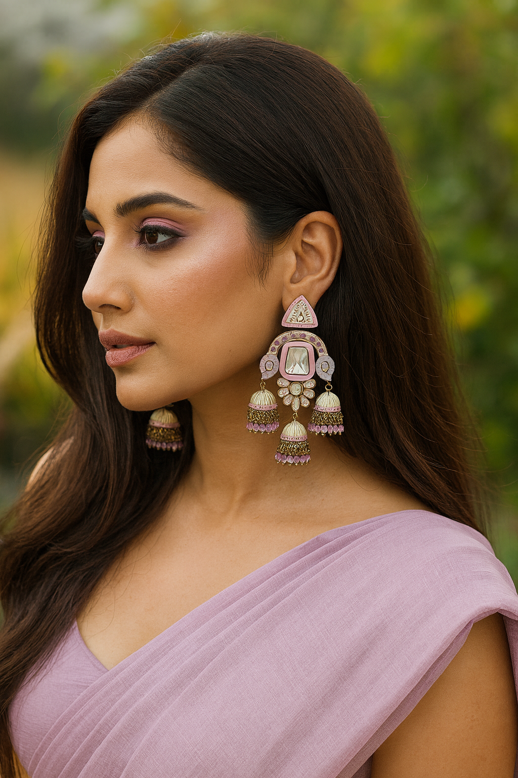 Light Purple Color Kundan Meenakari Earrings