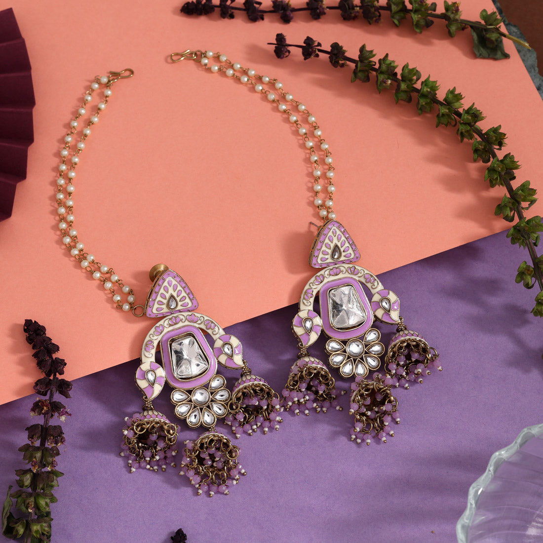 Handcrafted Lavender Meenakari Pearl Drop Earrings