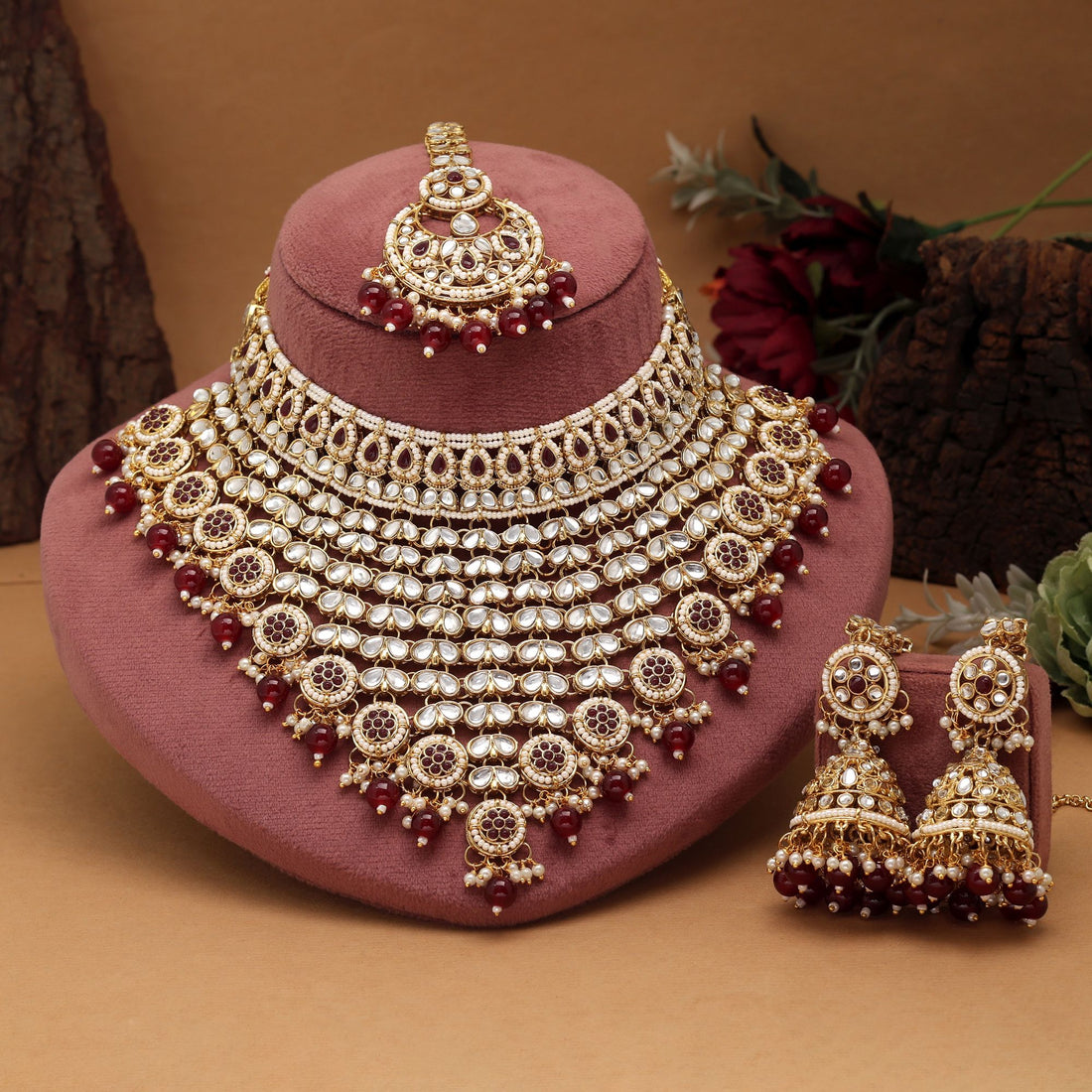 Gorgeous Maroon Color Kundan Necklace Set Perfect For Brides, Parties, And Cultural Celebrations
