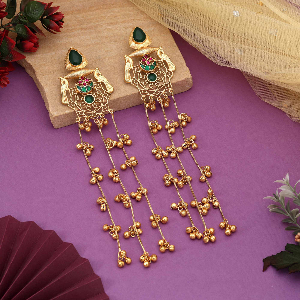 Heavy Long Ethnic Earrings in Green & Gold