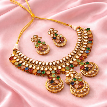 Multi Color Stone Work American Diamond Necklace Set For Stylish Festive Outfits