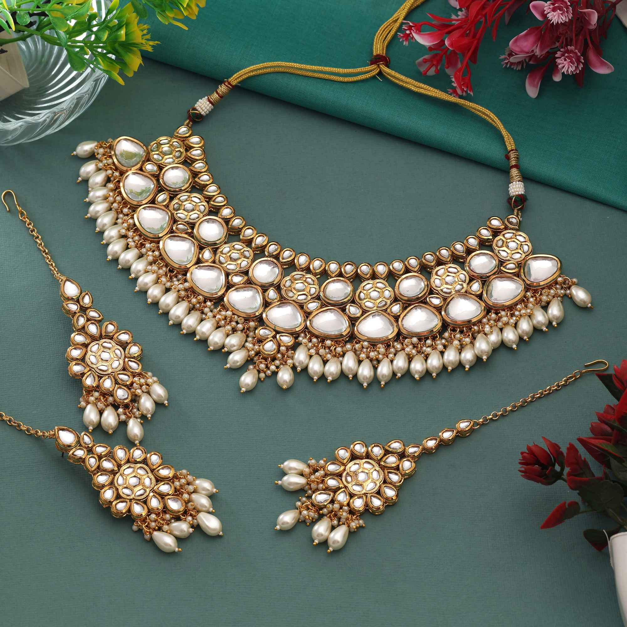 White Color Graceful Royal Design Back Side Meena Work Kundan Necklace Set For Elegant Events