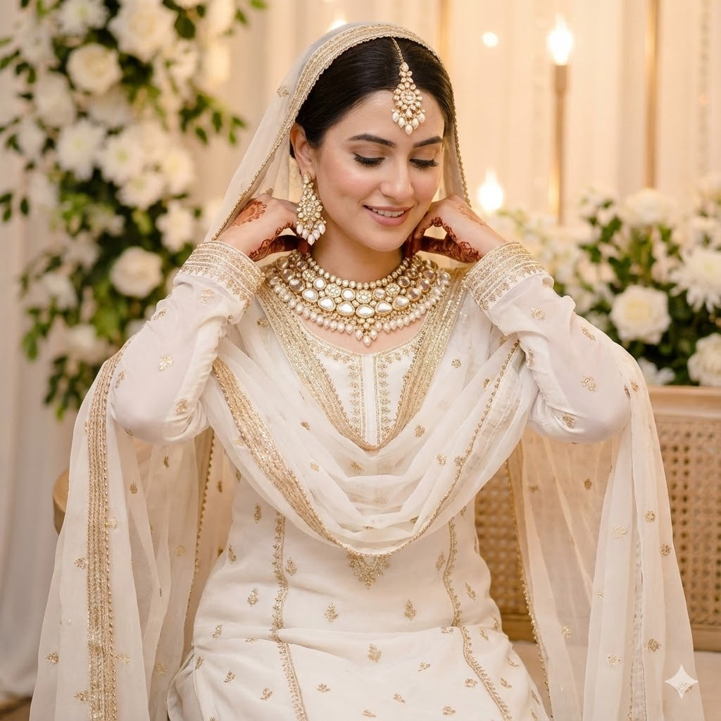 White Color Graceful Royal Design Back Side Meena Work Kundan Necklace Set For Elegant Events