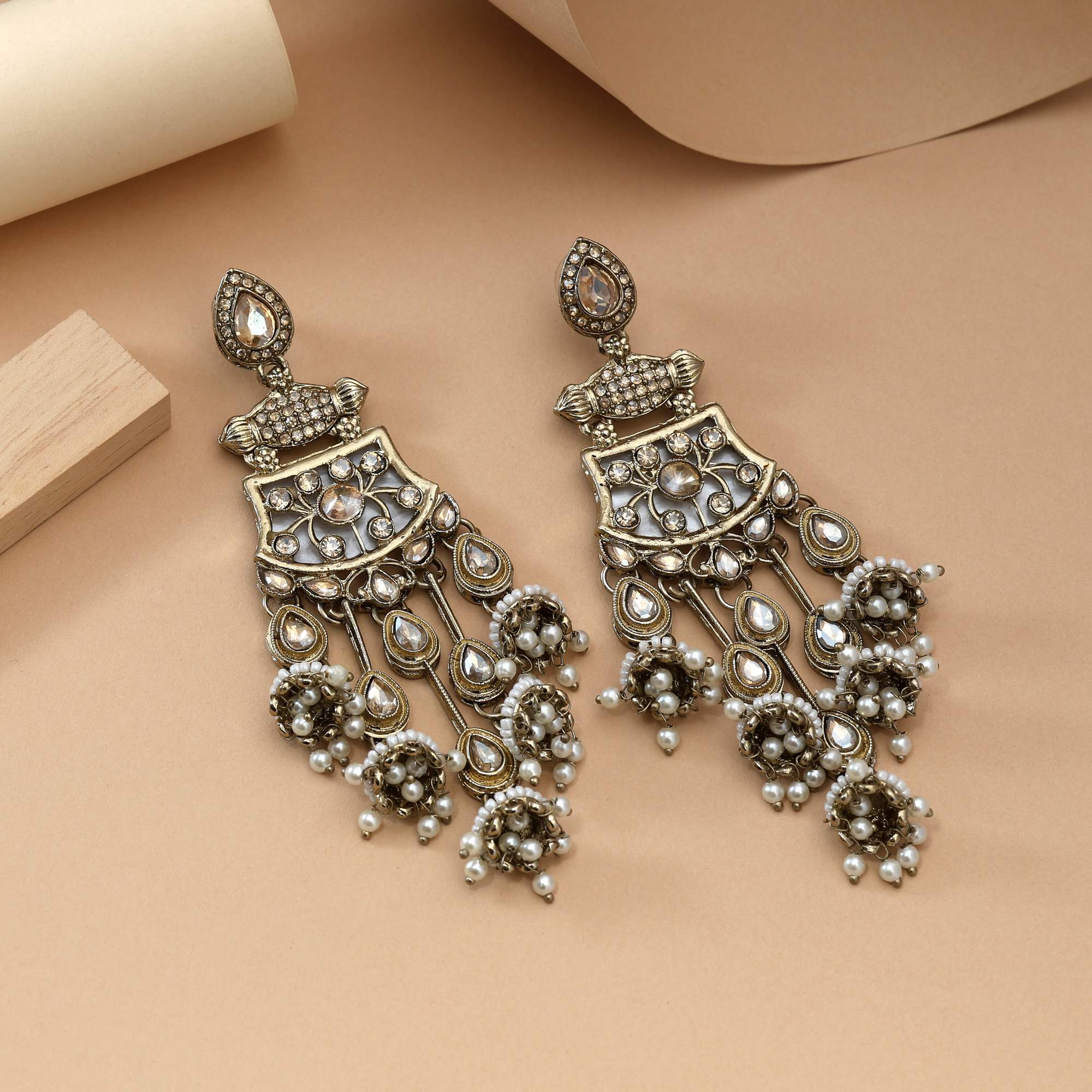 Gold Color Kundan Earrings Designed With Elegant Ethnic Shine Perfect For Wedding Outfits