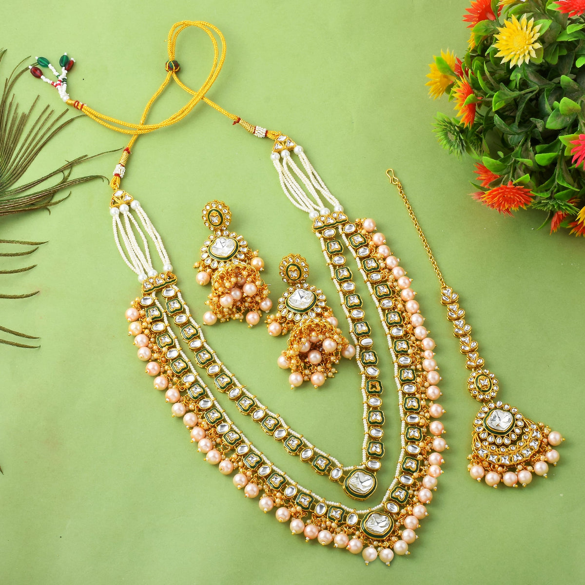 Layered Pearl Kundan Necklace Set with Maang Tikka