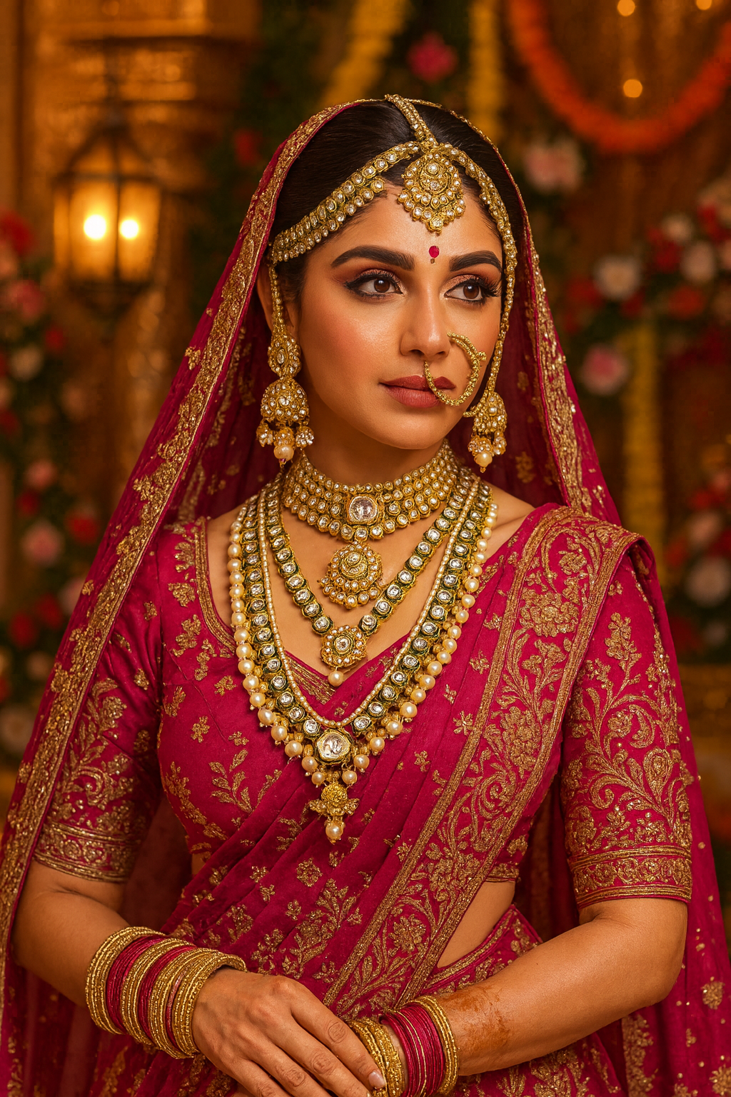 Layered Pearl Kundan Necklace Set with Maang Tikka