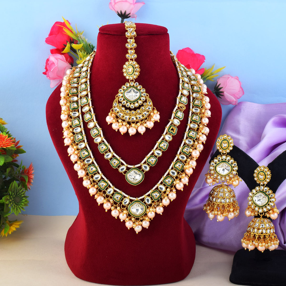 Layered Pearl Kundan Necklace Set with Maang Tikka