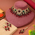 Maroon Green Kundan Choker Necklace Set with Earrings