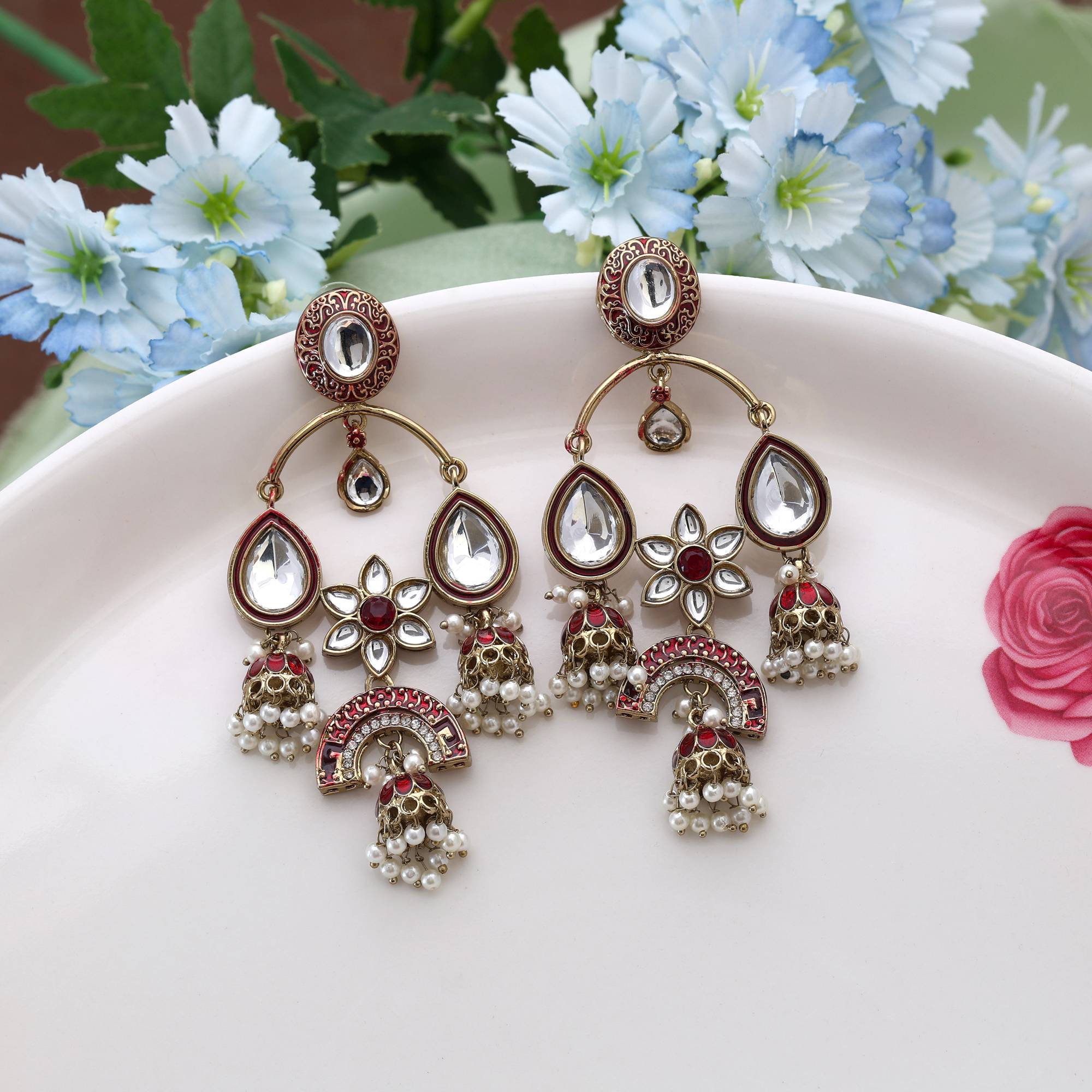 Maroon Color Kundan Earrings Crafted With Rich Ethnic Shine Perfect For Festive Outfits