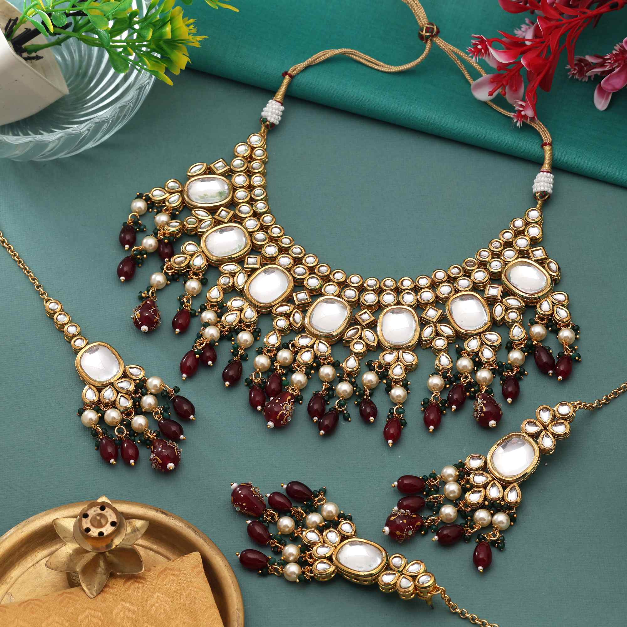 Maroon & Green Color Grand Traditional Back Side Meena Work Kundan Necklace Set For Bridal Look