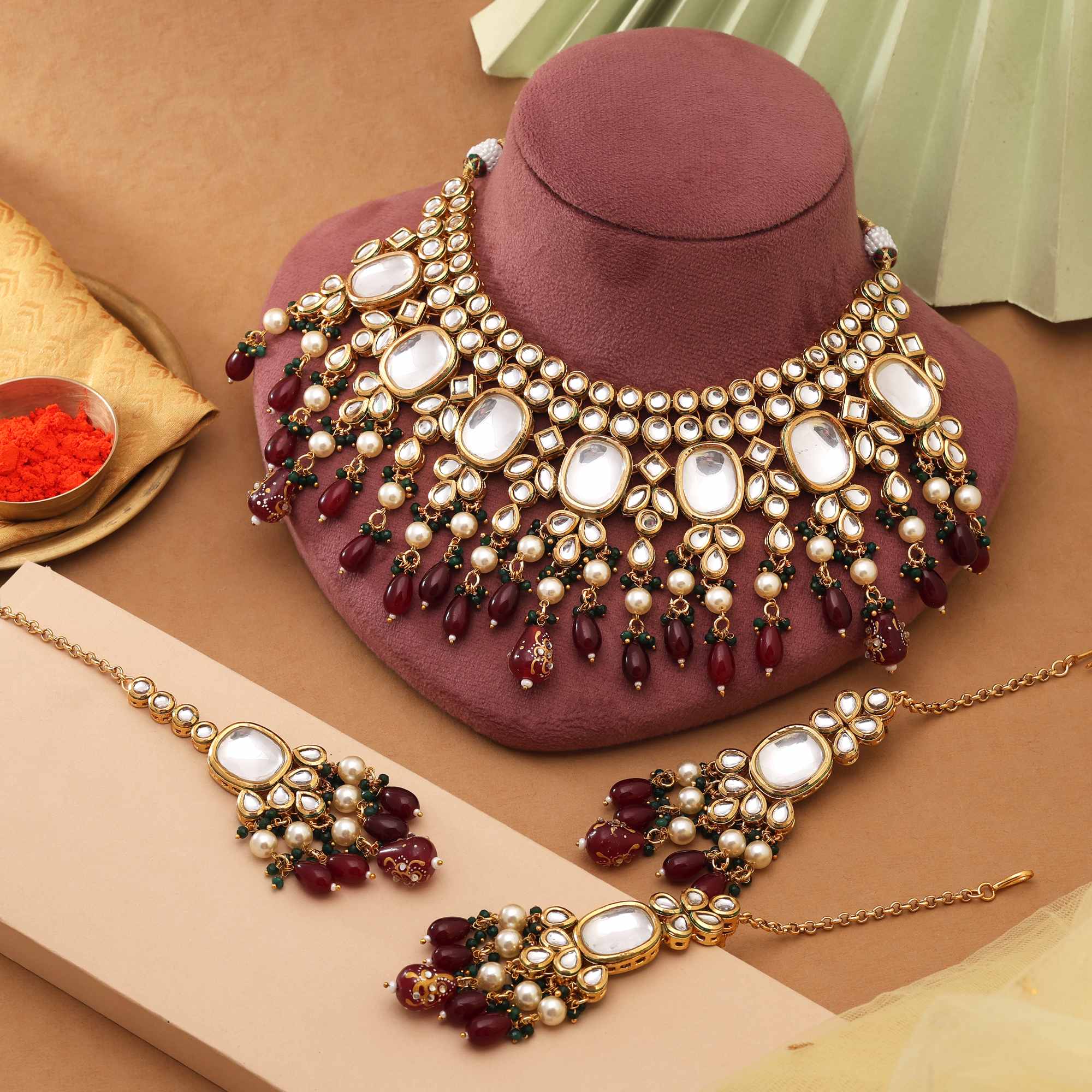 Maroon & Green Color Grand Traditional Back Side Meena Work Kundan Necklace Set For Bridal Look