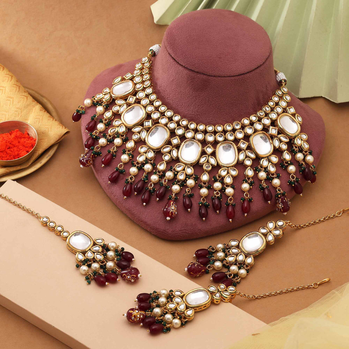 Maroon Kundan Choker Necklace Set with Pearl & Bead Drops