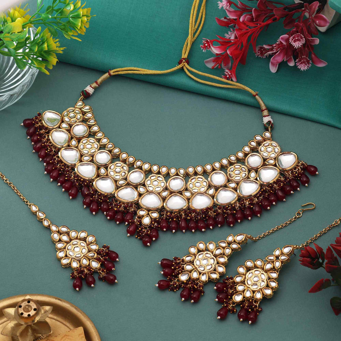 Maroon Color Handcrafted Antique Finish Back Side Meena Work Kundan Necklace Set For Brides